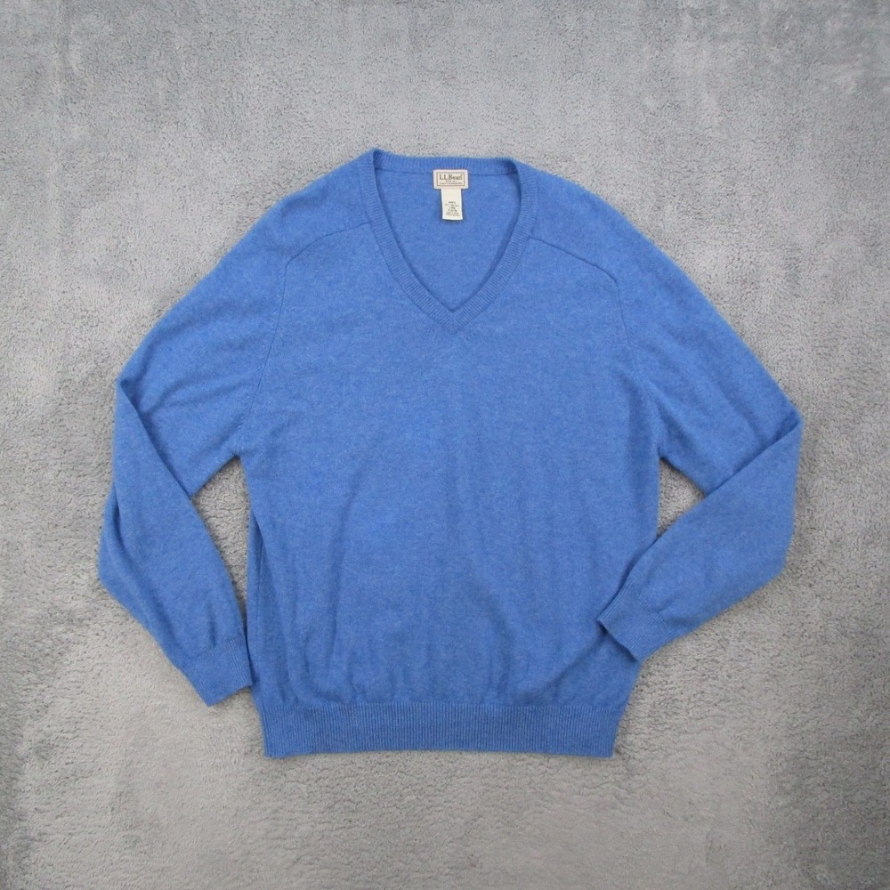 LL Bean Mens V-Neck Sweater Blue 100% Lambswool Knit Size Large L-REG 0QY78